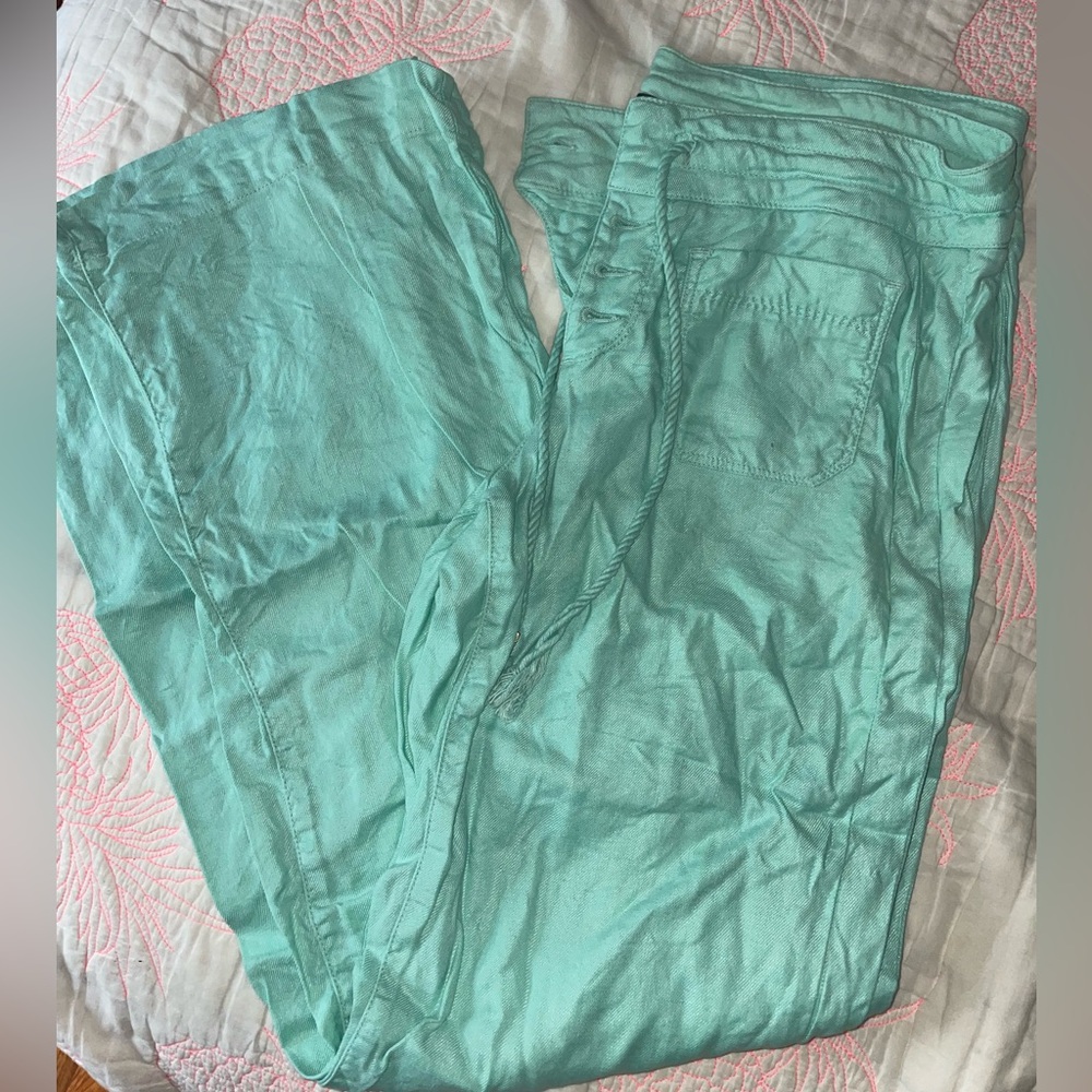 Teal pants from Anthropologie. Button fly with drawstring. Front pockets